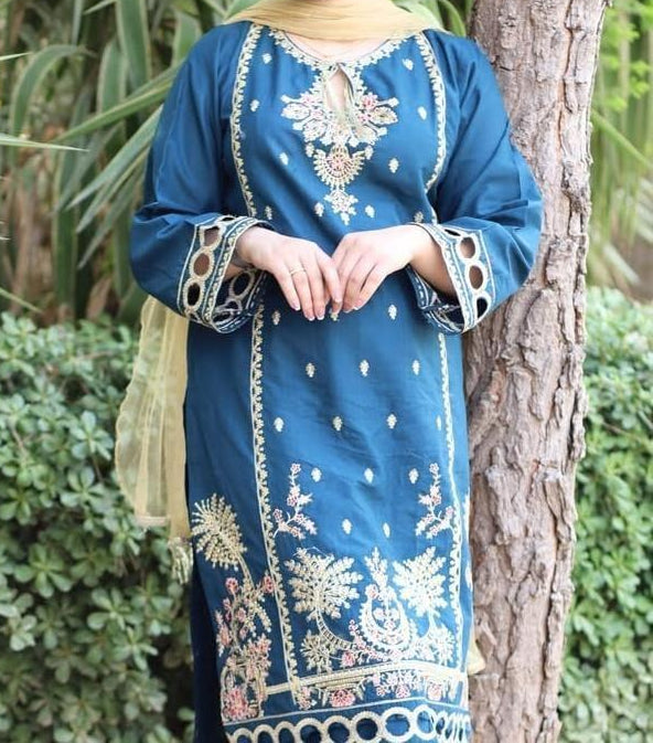 Women's Stitched Embroidered Cotton Shirt And Trouser Set – 2 Pcs