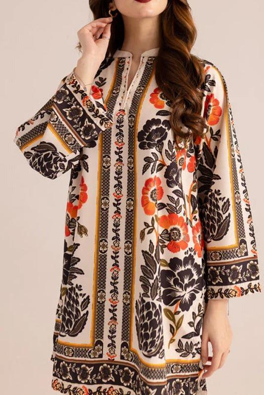 Stylish Printed V-Neck Shirt & Plain Trouser Set – 2 Pcs for Women
