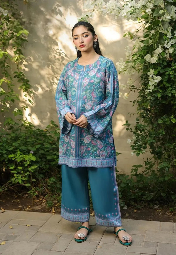 2 Pcs Women's Stitched Swiss Lawn Digital Print Shirt and Trouser – Blue