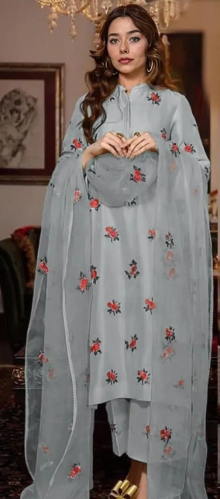 3 Pcs Women's Stitched Shamoz Silk Embroidered Suit