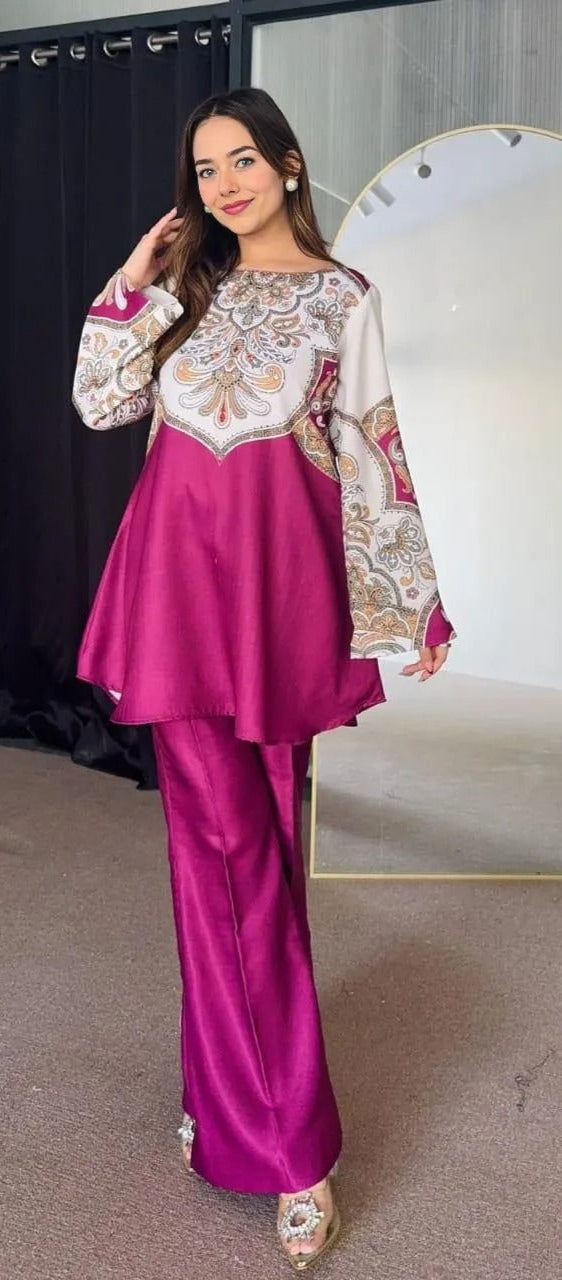 2 Pcs Women's Stitched Printed Shirt And Trouser