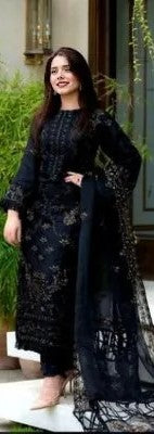 3 Pcs Women's Unstitched Embroidered Suit – Black Elegance