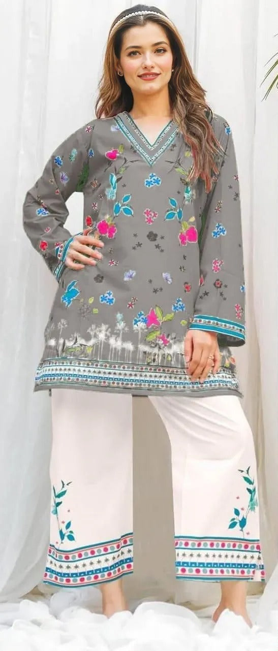 2 Pcs Women's Stitched Swiss Lawn Printed Shirt And Trouser
