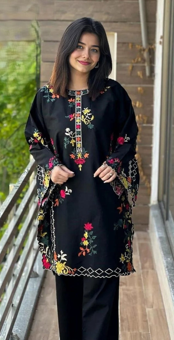 2 Pcs Women's Stitched Linen Embroidered Shirt And Trouser