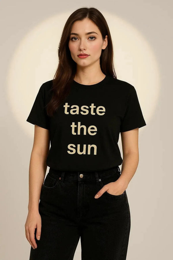 "Taste the Sun" Graphic Tee – Women's Black Cotton Statement T-Shirt