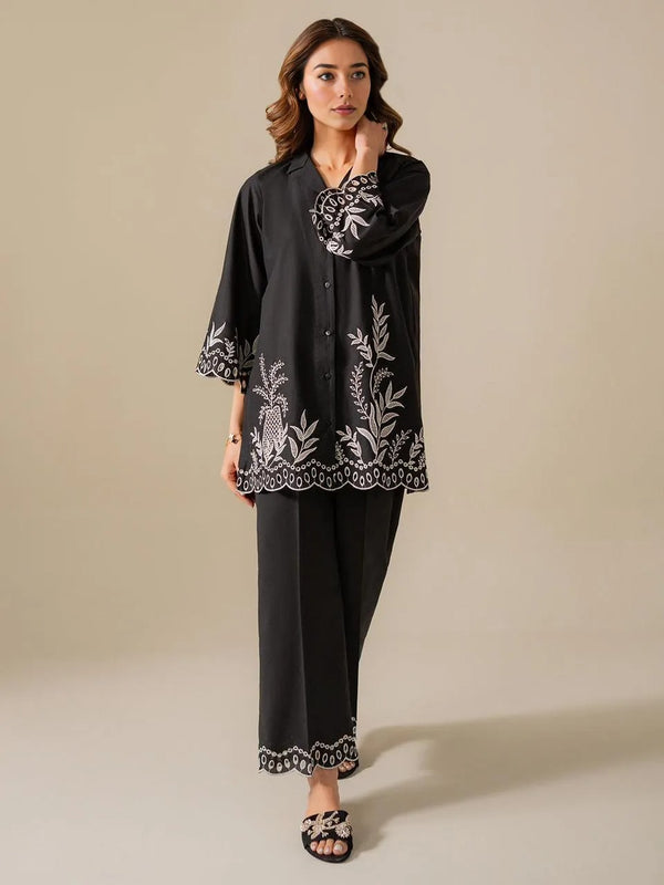 2 Pcs Women's Stitched Cotton Net Digital Print Shirt And Trouser – Black