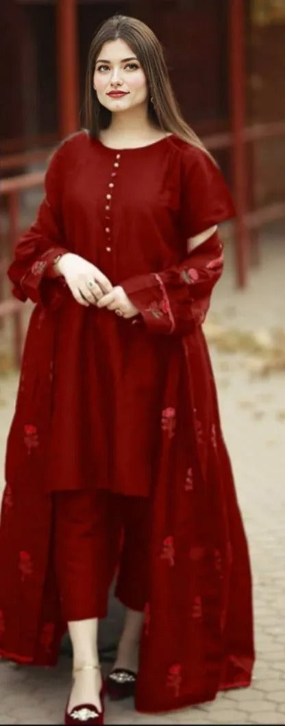 3 Pcs Women's Stitched Gown Suit in Maroon Katan Silk with Embroidered Patterns