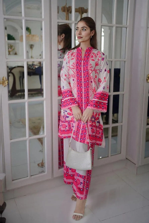 2 Pcs Women's Stitched Swiss Lawn Printed Co-Ord Set – Pink