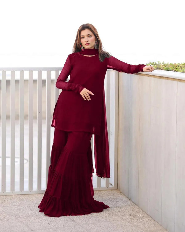Stylish Women’s Stitched Chiffon Gharara Shirt Set – Maroon – 3 Pcs