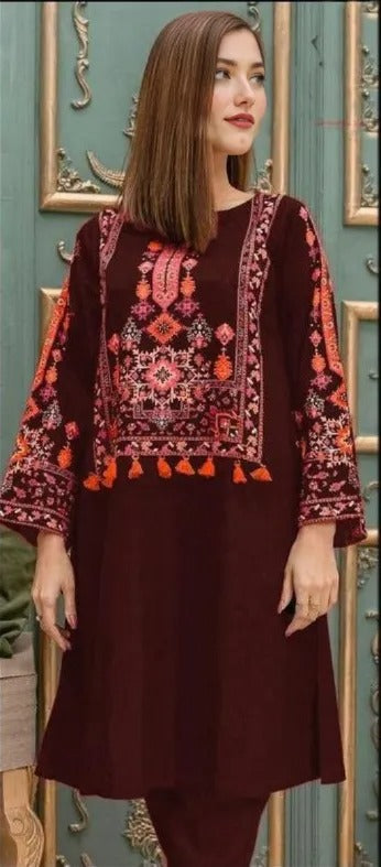 2 Pcs Women's Stitched Linen Embroidered Shirt And Trouser