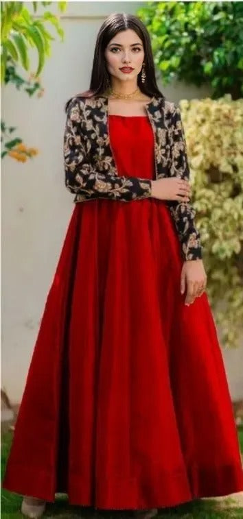 Elegant Maroon Shalmose Silk Maxi with Embroidered Jacket – 2 Pcs Set