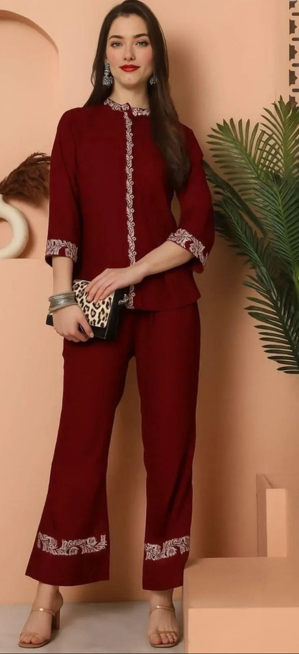 2 Pcs Women's Stitched Cotton Embroidered Shirt and Trouser – Maroon
