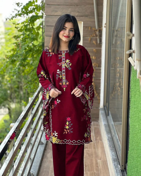 2 Pcs Women's Stitched Linen Embroidered Shirt and Trouser