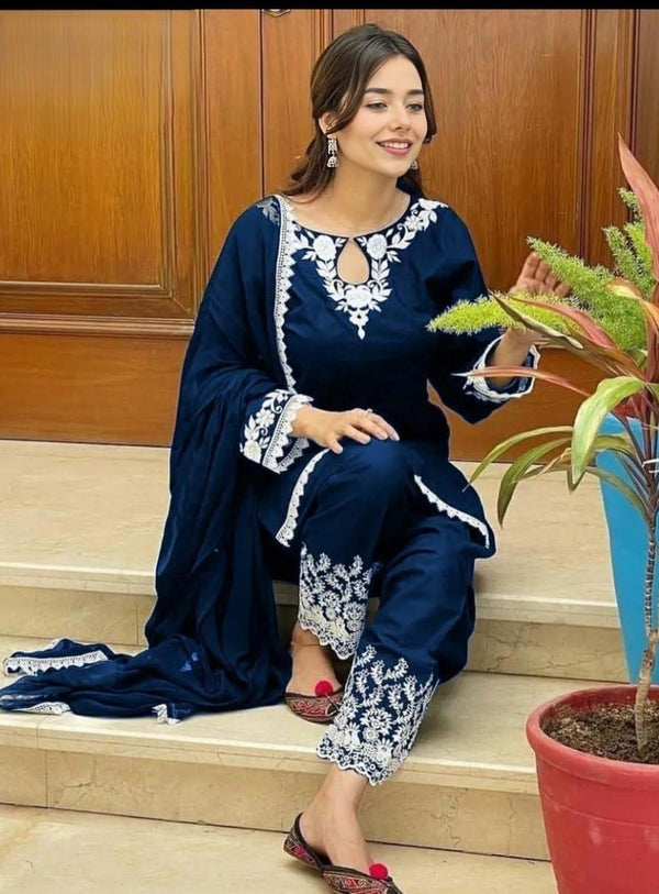 3 Pcs Women's Stitched Cotton Embroidered Suit