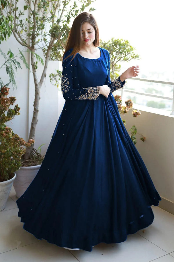 Navy Blue Embroidered Maxi Set with Trouser - 3 Piece Women's Stitched Ensemble