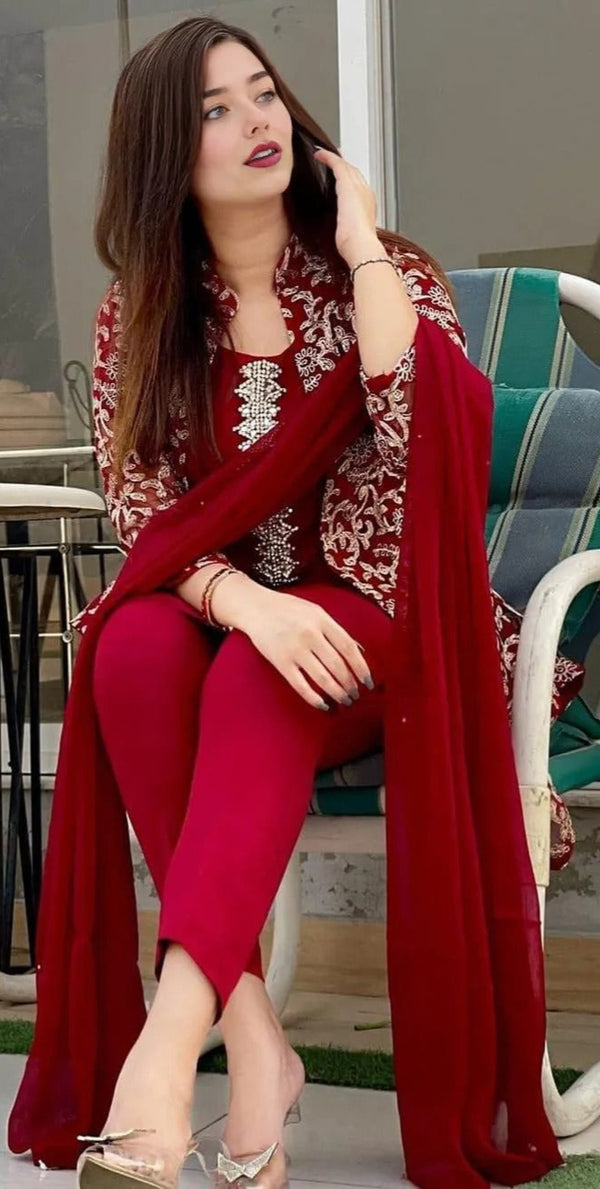 Elegant Maroon 4 Pcs Women's Stitched Gown Suit in Shamoz Silk with Embroidered Design