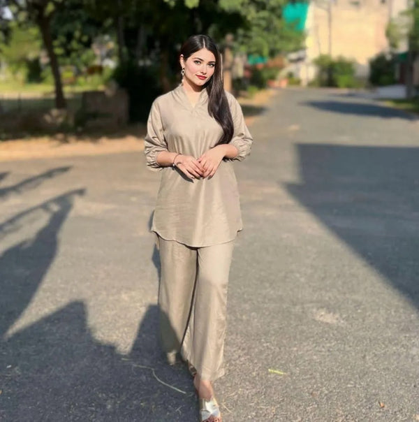 Stylish Women's Stitched Co-Ord Set – 2 Pcs in Elegant Beige
