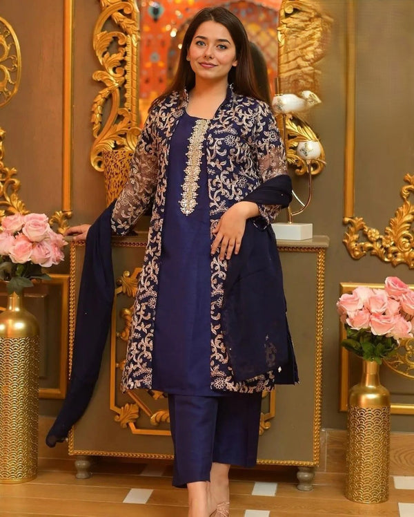 Stunning Women's Stitched Embroidered Gown Suit - 4 Pcs Shamoz Silk Set