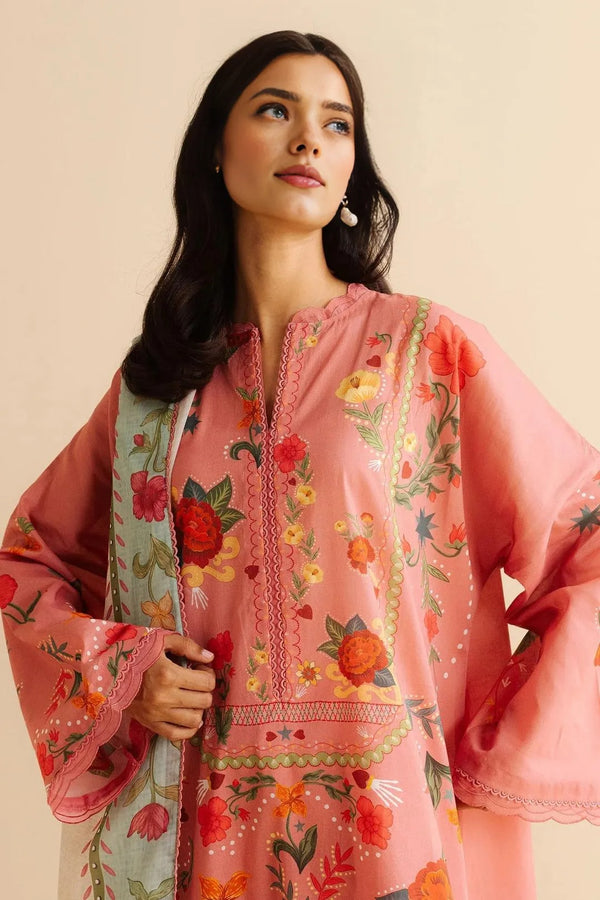 3 Pcs Women's Unstitched Printed Lawn Suit – Pink Delight