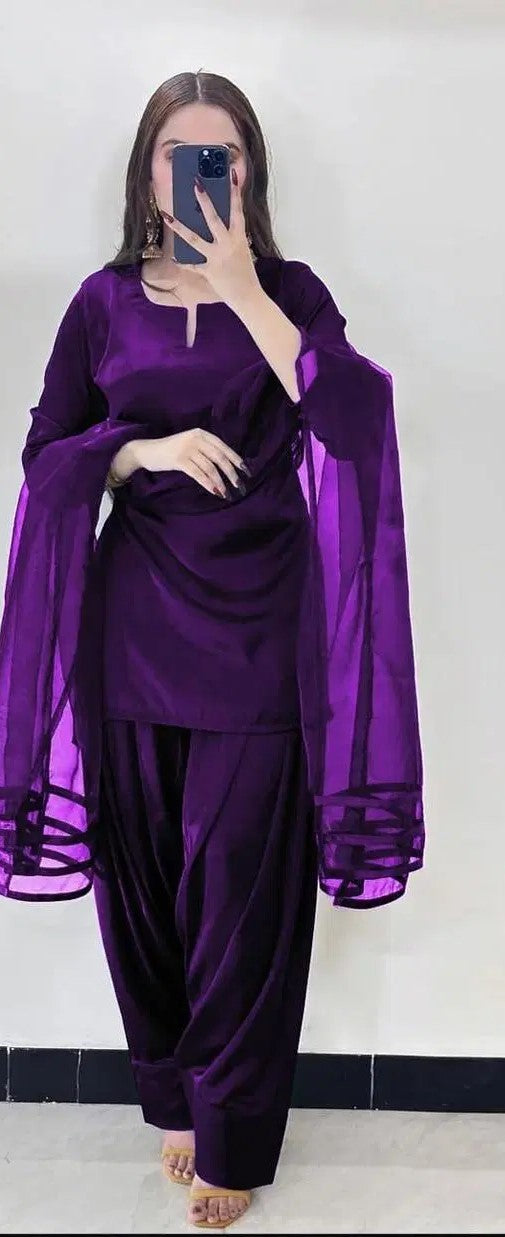 3 Pcs Women's Stitched Silk Plain Suit
