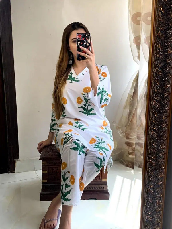 2 Pcs Women's Stitched Linen Block Printed Shirt & Trouser