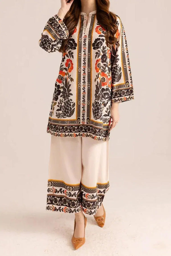 Stylish Printed V-Neck Shirt and Plain Trouser Set - 2 Pcs for Women