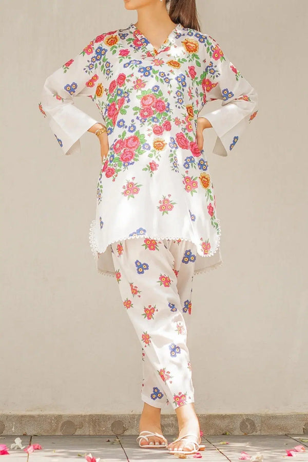 Stylish Printed V-Neck Shirt and Plain Trouser Set – 2 Pcs for Women
